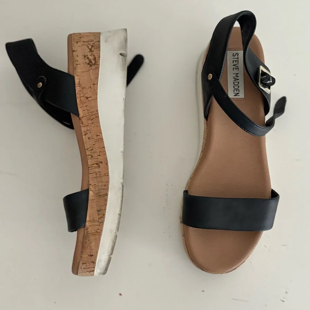 Steve Madden Rosalita Stacked Cork Platform Leather Sandals, Black, 8